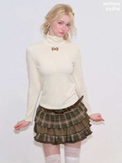 Turtleneck Ribbon Point Slimming Soft Apricot Base Knit Top【s0000018801】