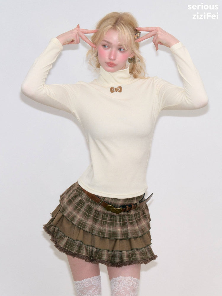Turtleneck Ribbon Point Slimming Soft Apricot Base Knit Top【s0000018801】