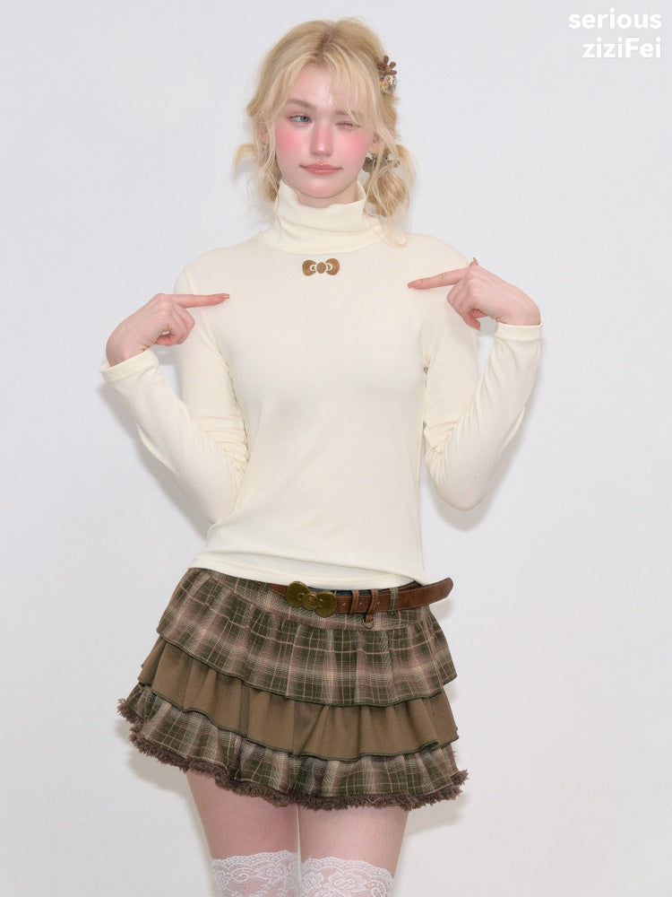 Turtleneck Ribbon Point Slimming Soft Apricot Base Knit Top【s0000018801】