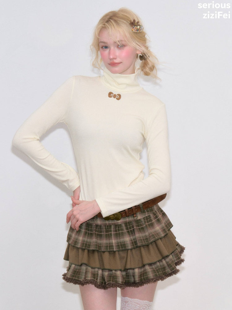 Turtleneck Ribbon Point Slimming Soft Apricot Base Knit Top【s0000018801】