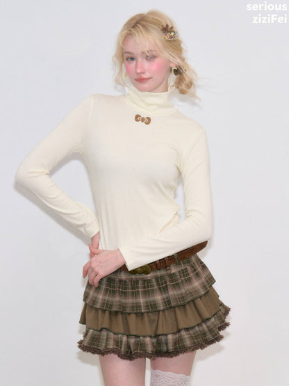 Turtleneck Ribbon Point Slimming Soft Apricot Base Knit Top【s0000018801】