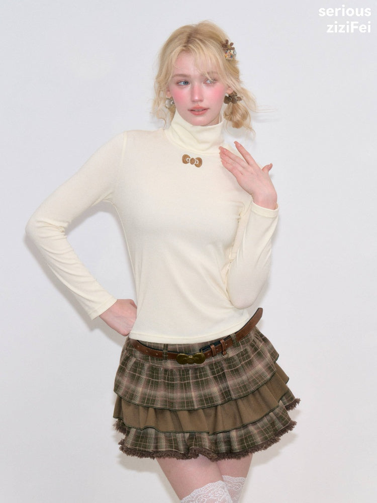 Turtleneck Ribbon Point Slimming Soft Apricot Base Knit Top【s0000018801】