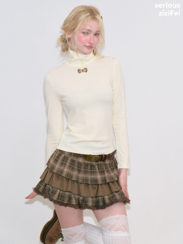Turtleneck Ribbon Point Slimming Soft Apricot Base Knit Top【s0000018801】