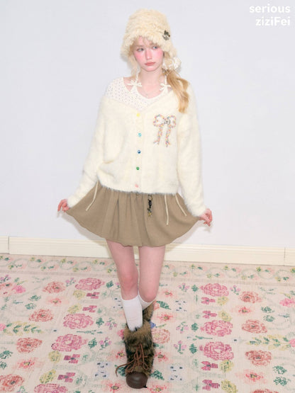 Bow Colorful Button Apricot Lazy Soft Knit Cardigan【s0000018802】