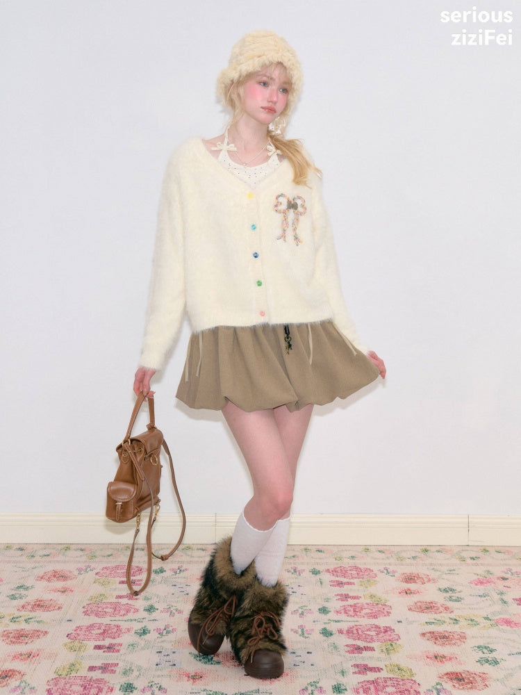 Bow Colorful Button Apricot Lazy Soft Knit Cardigan【s0000018802】