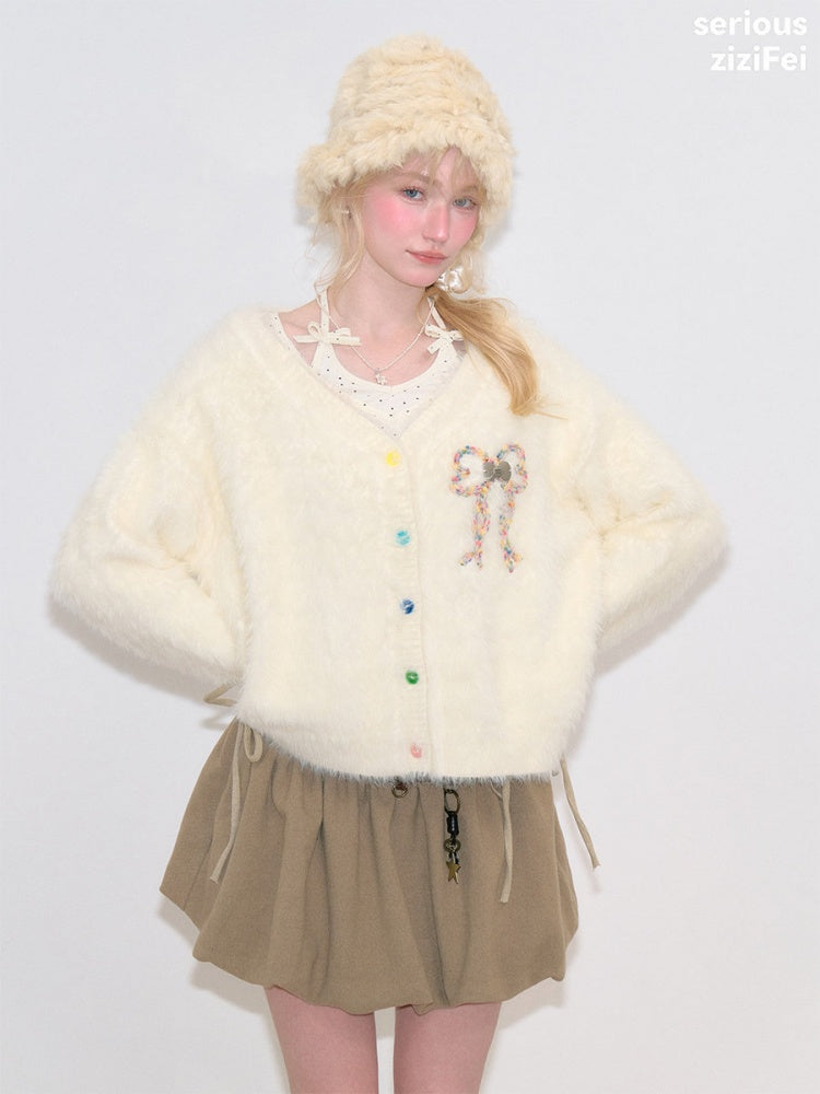 Bow Colorful Button Apricot Lazy Soft Knit Cardigan【s0000018802】