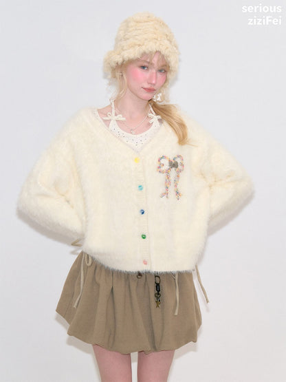 Bow Colorful Button Apricot Lazy Soft Knit Cardigan【s0000018802】