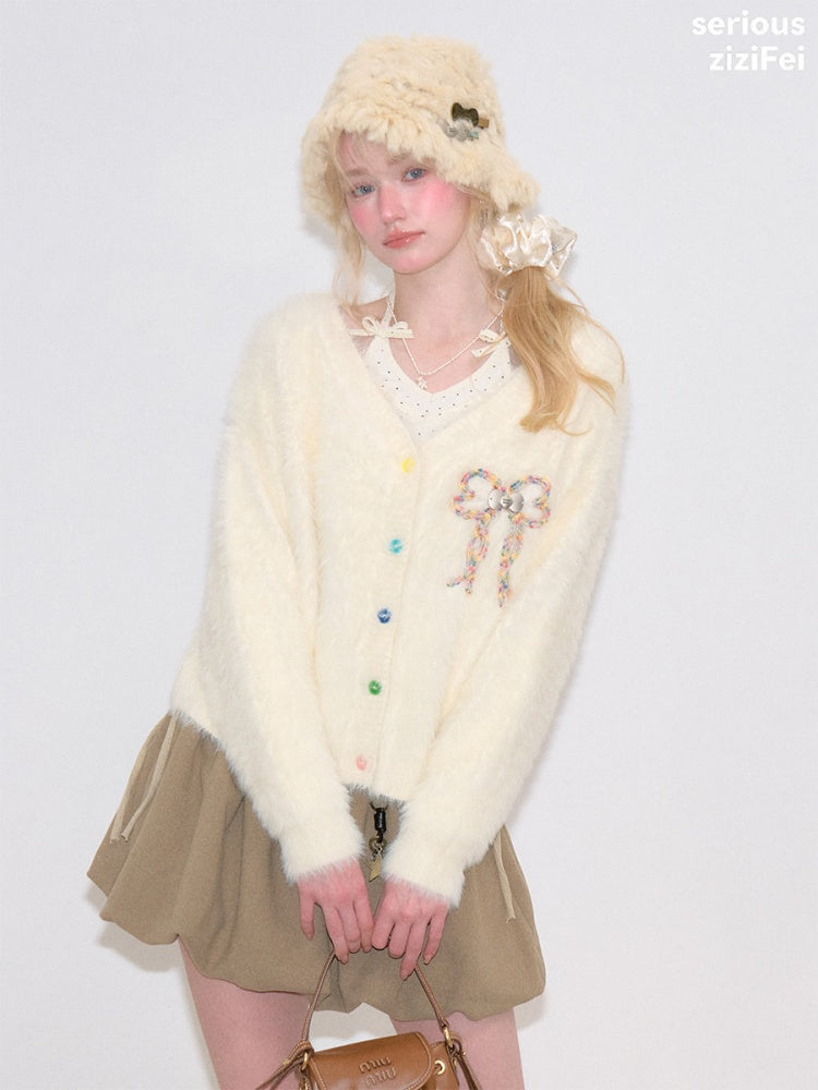 Bow Colorful Button Apricot Lazy Soft Knit Cardigan【s0000018802】