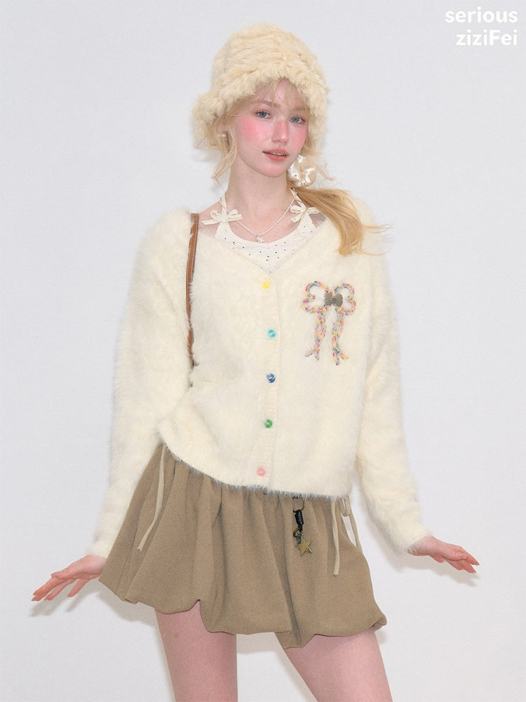 Bow Colorful Button Apricot Lazy Soft Knit Cardigan【s0000018802】