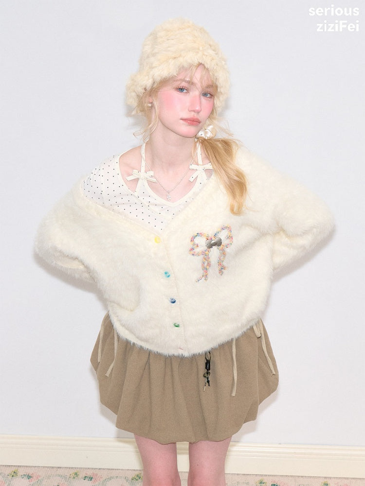 Bow Colorful Button Apricot Lazy Soft Knit Cardigan【s0000018802】