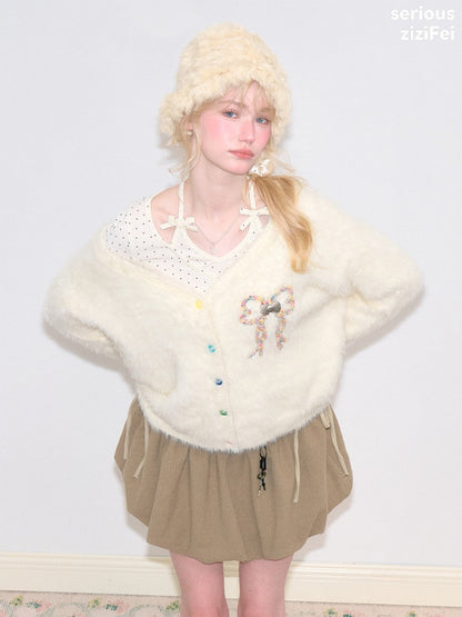 Bow Colorful Button Apricot Lazy Soft Knit Cardigan【s0000018802】