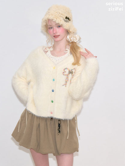 Bow Colorful Button Apricot Lazy Soft Knit Cardigan【s0000018802】