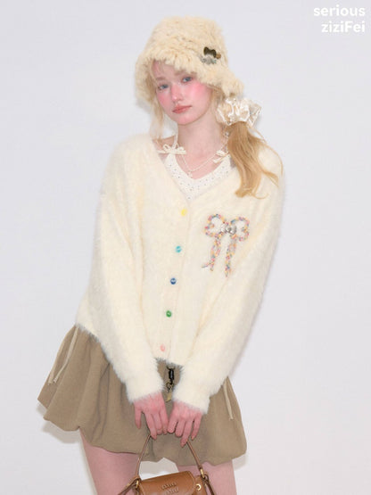 Bow Colorful Button Apricot Lazy Soft Knit Cardigan【s0000018802】