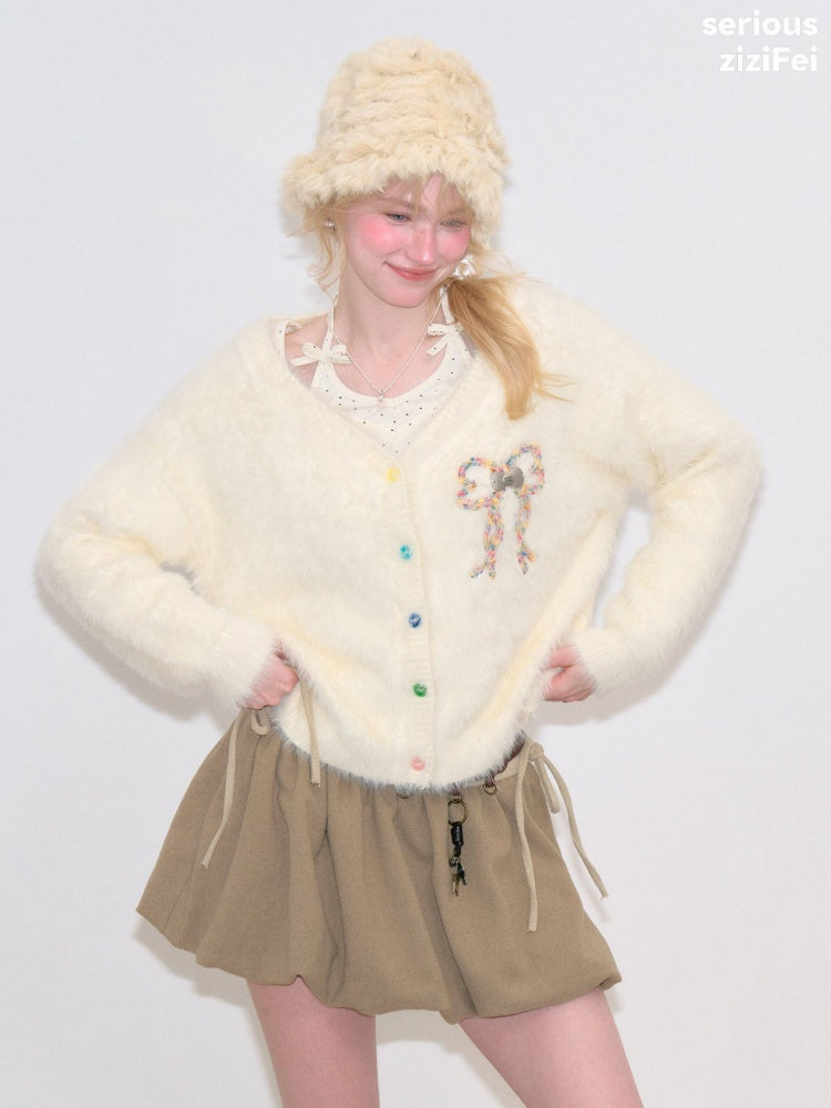 Bow Colorful Button Apricot Lazy Soft Knit Cardigan【s0000018802】
