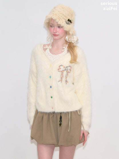 Bow Colorful Button Apricot Lazy Soft Knit Cardigan【s0000018802】