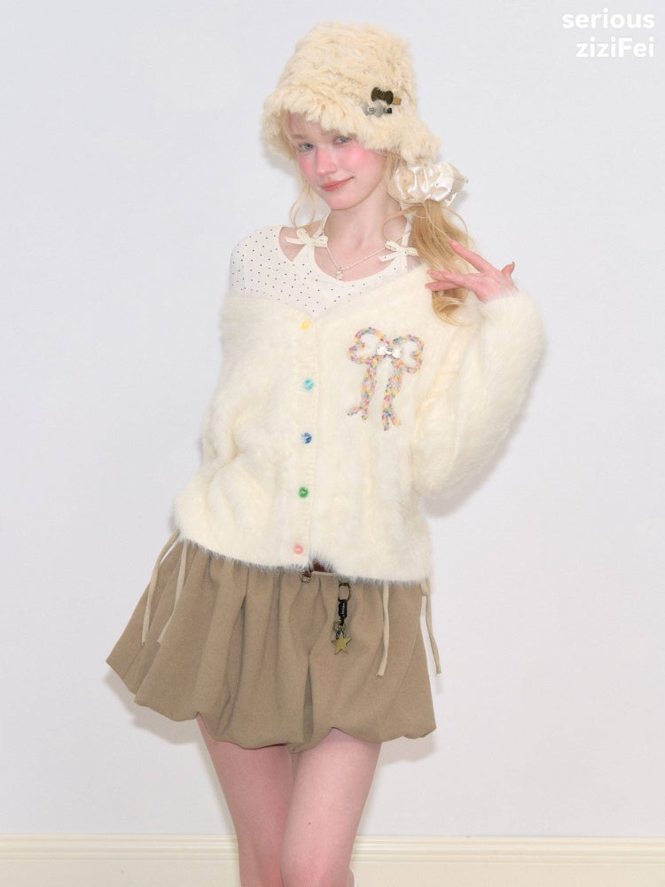 Bow Colorful Button Apricot Lazy Soft Knit Cardigan【s0000018802】