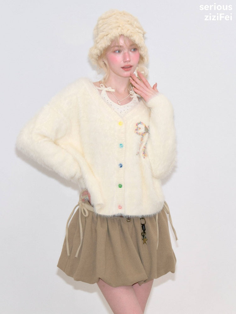 Bow Colorful Button Apricot Lazy Soft Knit Cardigan【s0000018802】