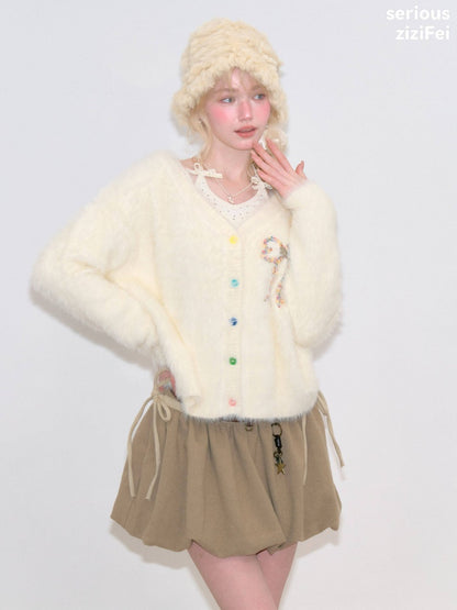 Bow Colorful Button Apricot Lazy Soft Knit Cardigan【s0000018802】