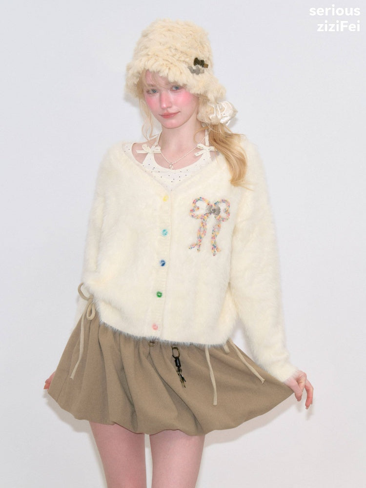 Bow Colorful Button Apricot Lazy Soft Knit Cardigan【s0000018802】