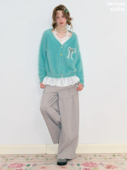 Bow Colorful Button Teal Lazy Soft Knit Cardigan【s0000018803】