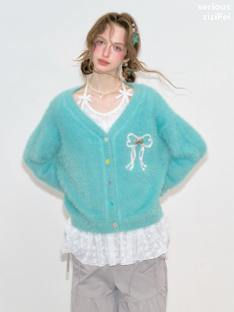 Bow Colorful Button Teal Lazy Soft Knit Cardigan【s0000018803】