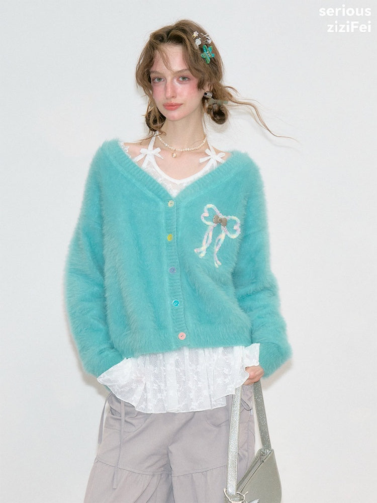 Bow Colorful Button Teal Lazy Soft Knit Cardigan【s0000018803】