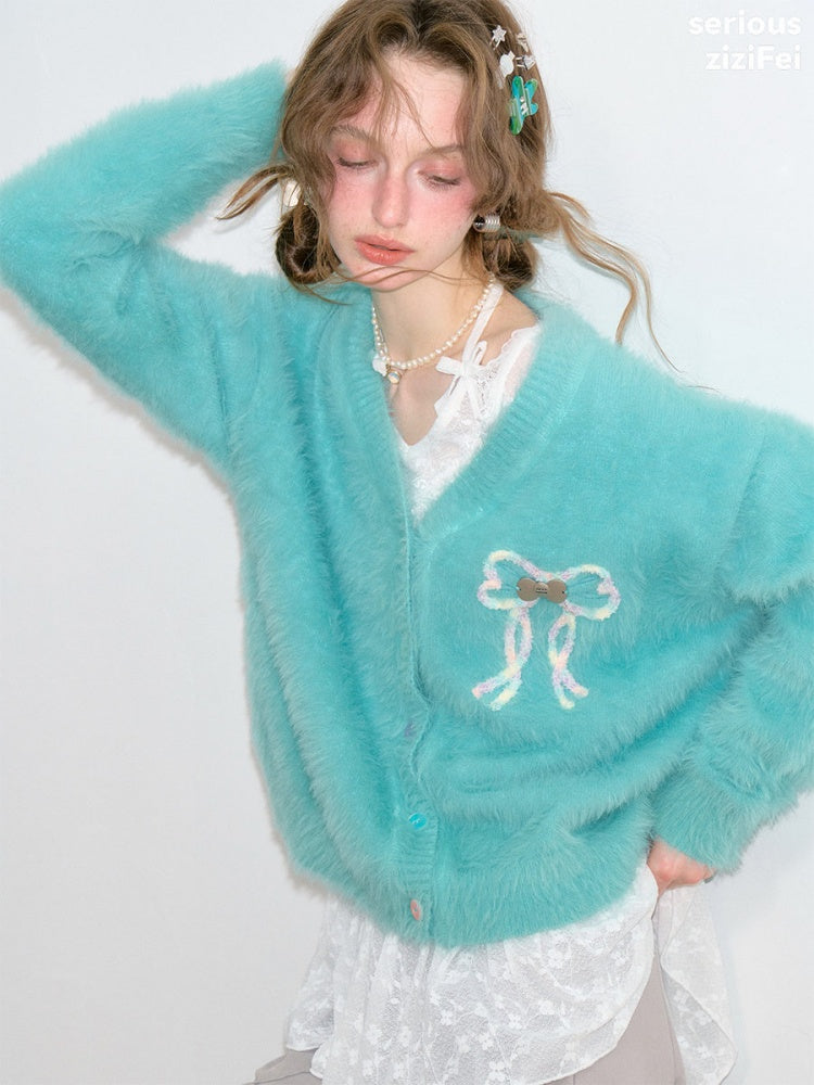 Bow Colorful Button Teal Lazy Soft Knit Cardigan【s0000018803】