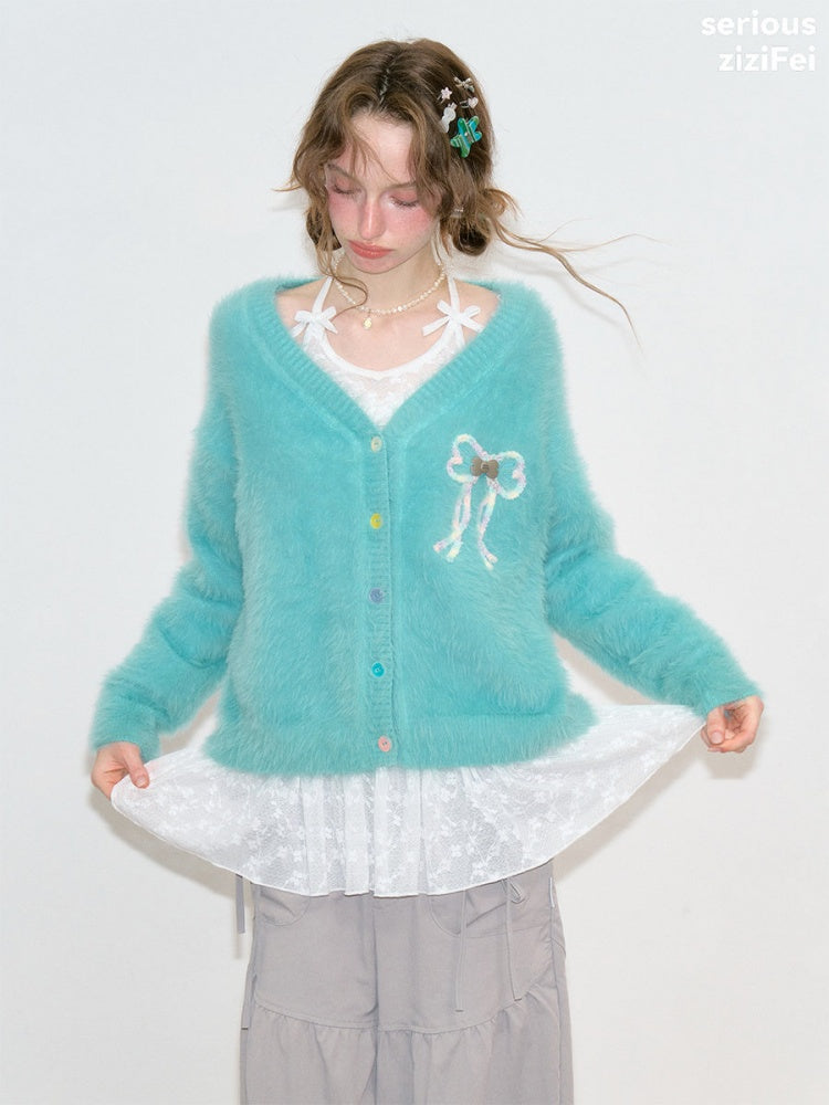 Bow Colorful Button Teal Lazy Soft Knit Cardigan【s0000018803】