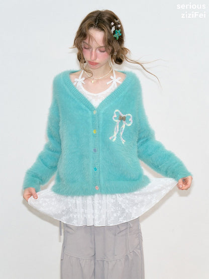 Bow Colorful Button Teal Lazy Soft Knit Cardigan【s0000018803】
