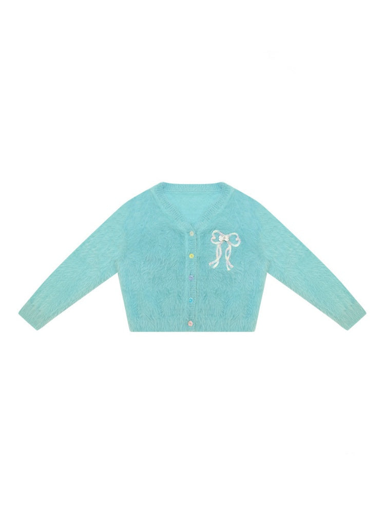 Bow Colorful Button Teal Lazy Soft Knit Cardigan【s0000018803】