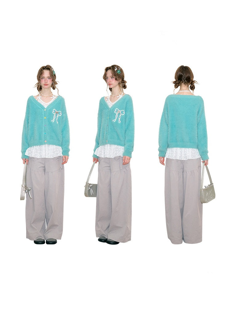 Bow Colorful Button Teal Lazy Soft Knit Cardigan【s0000018803】
