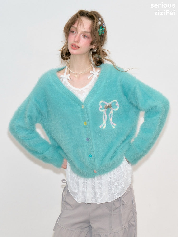 Bow Colorful Button Teal Lazy Soft Knit Cardigan【s0000018803】
