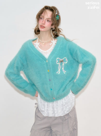 Bow Colorful Button Teal Lazy Soft Knit Cardigan【s0000018803】