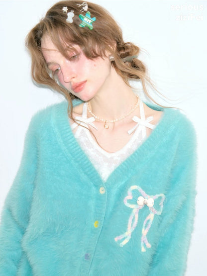 Bow Colorful Button Teal Lazy Soft Knit Cardigan【s0000018803】