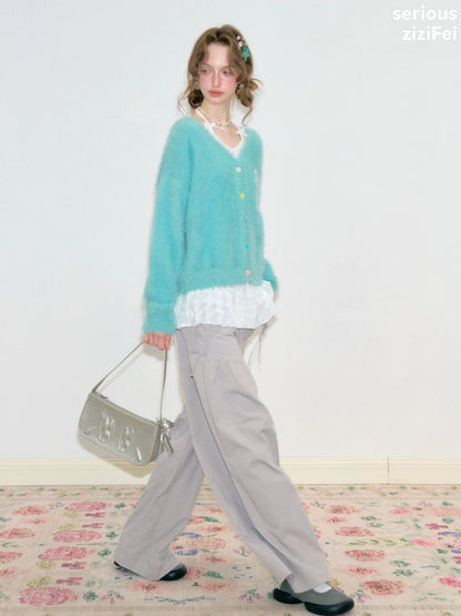 Bow Colorful Button Teal Lazy Soft Knit Cardigan【s0000018803】