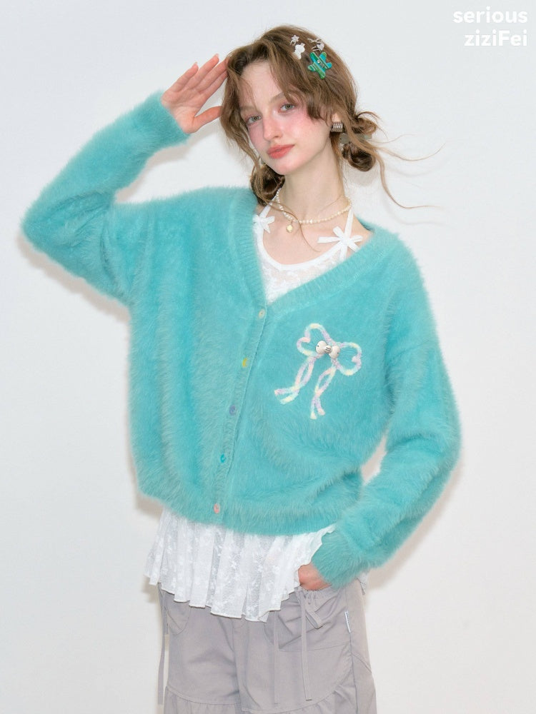 Bow Colorful Button Teal Lazy Soft Knit Cardigan【s0000018803】