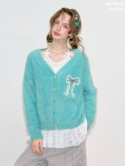 Bow Colorful Button Teal Lazy Soft Knit Cardigan【s0000018803】