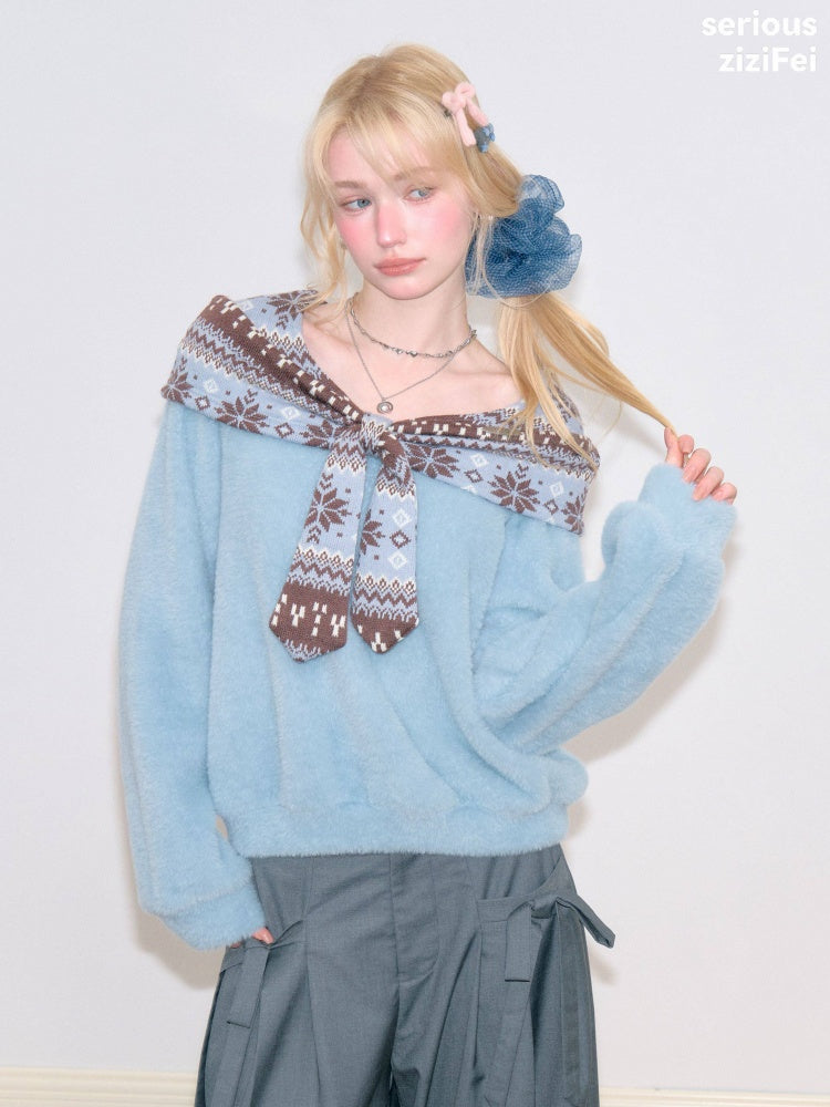 Fair Isle Shawl Bow Slimming Blue Warm Soft Sweater【s0000018804】