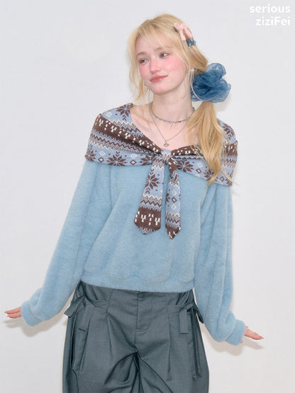 Fair Isle Shawl Bow Slimming Blue Warm Soft Sweater【s0000018804】