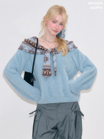 Fair Isle Shawl Bow Slimming Blue Warm Soft Sweater【s0000018804】
