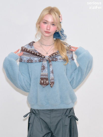 Fair Isle Shawl Bow Slimming Blue Warm Soft Sweater【s0000018804】