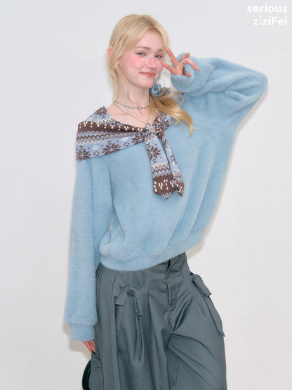 Fair Isle Shawl Bow Slimming Blue Warm Soft Sweater【s0000018804】