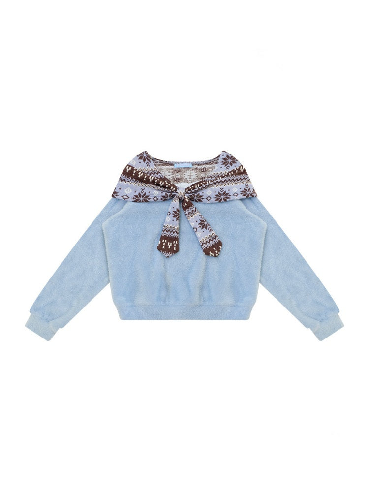 Fair Isle Shawl Bow Slimming Blue Warm Soft Sweater【s0000018804】