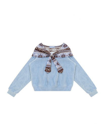 Fair Isle Shawl Bow Slimming Blue Warm Soft Sweater【s0000018804】