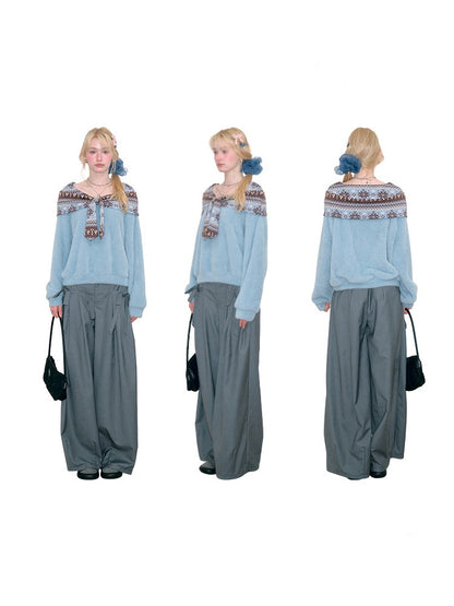 Fair Isle Shawl Bow Slimming Blue Warm Soft Sweater【s0000018804】