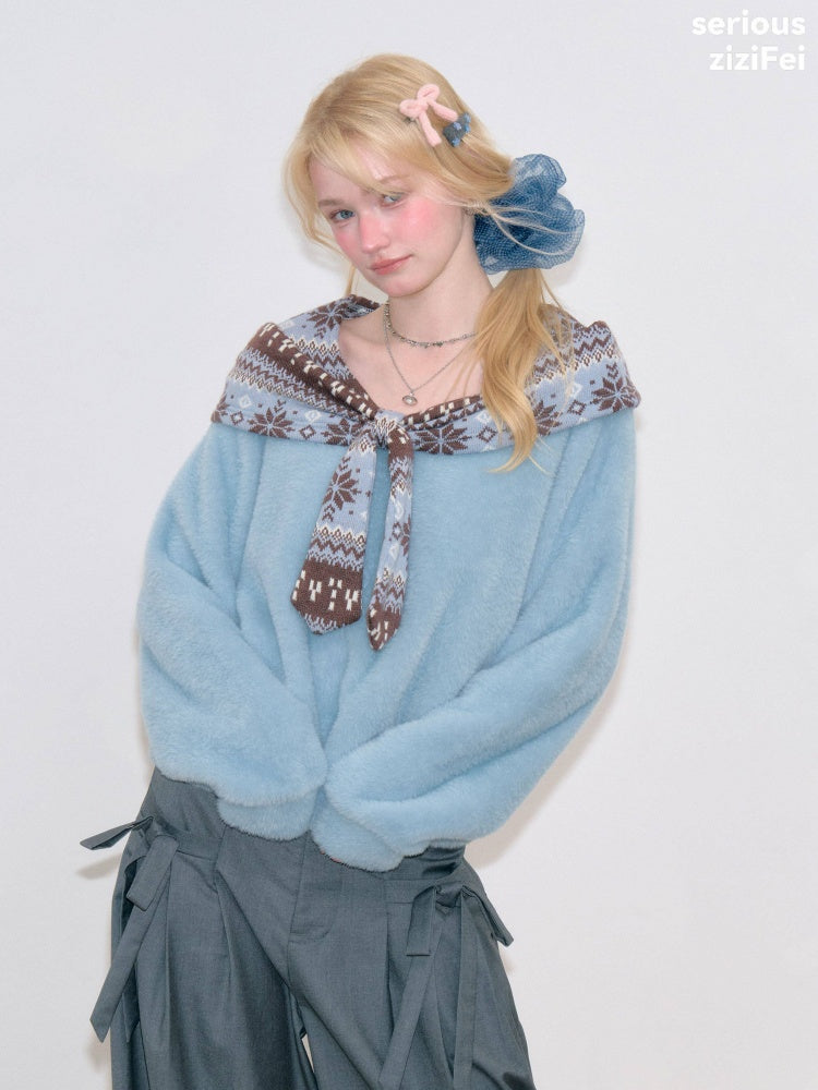 Fair Isle Shawl Bow Slimming Blue Warm Soft Sweater【s0000018804】