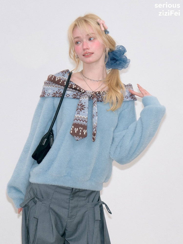 Fair Isle Shawl Bow Slimming Blue Warm Soft Sweater【s0000018804】