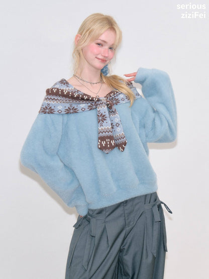 Fair Isle Shawl Bow Slimming Blue Warm Soft Sweater【s0000018804】