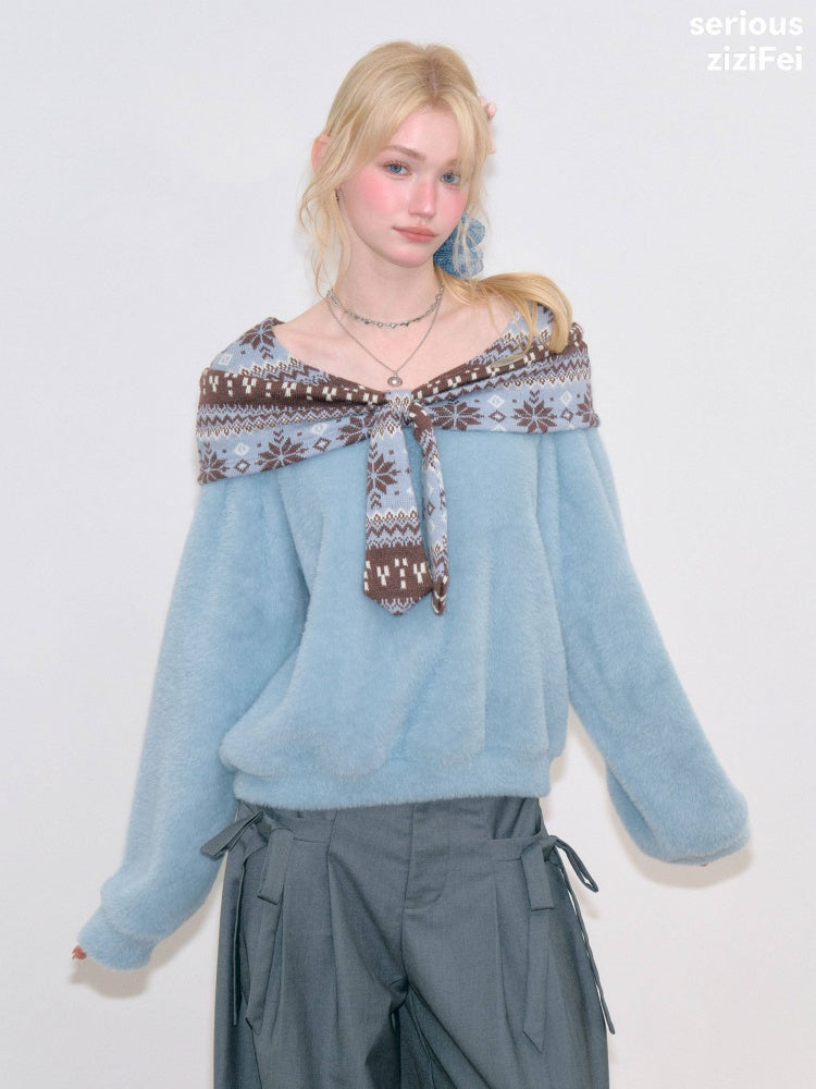 Fair Isle Shawl Bow Slimming Blue Warm Soft Sweater【s0000018804】