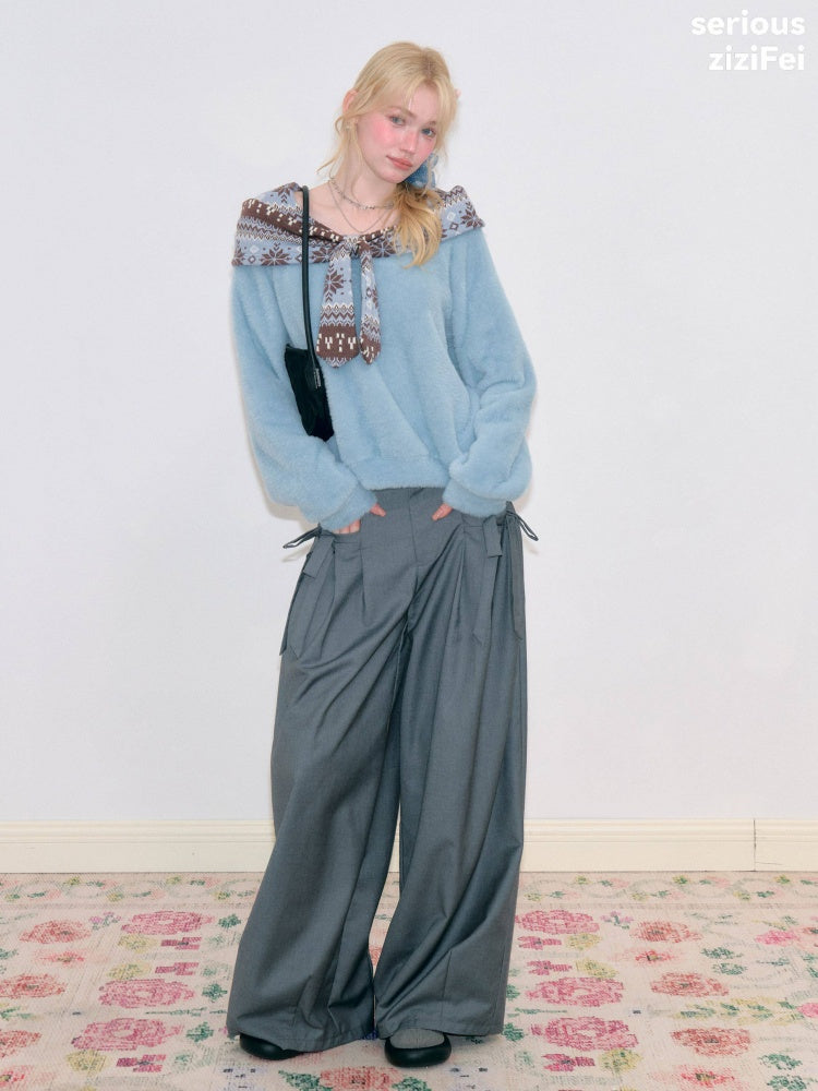 Fair Isle Shawl Bow Slimming Blue Warm Soft Sweater【s0000018804】
